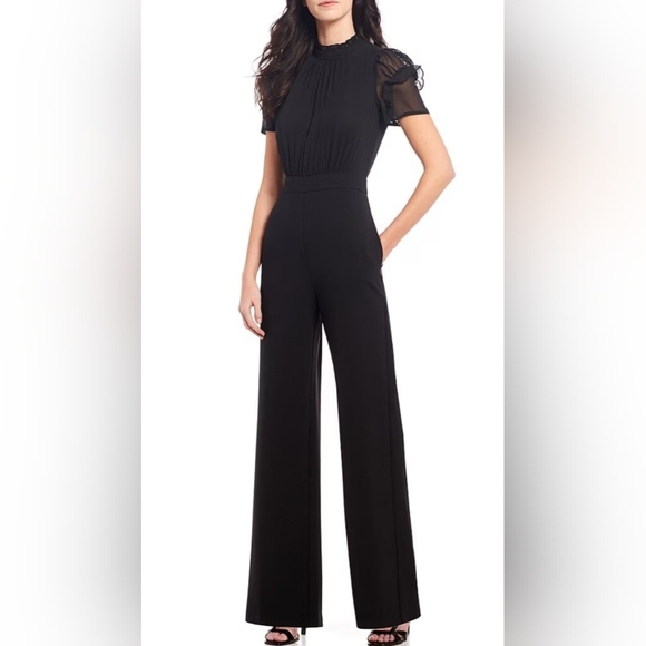 NWT Vince Camuto Short Sleeve Mock Neck Chiffon Bodice Jumpsuit: Black: Size- 0 - Picture 1 of 15